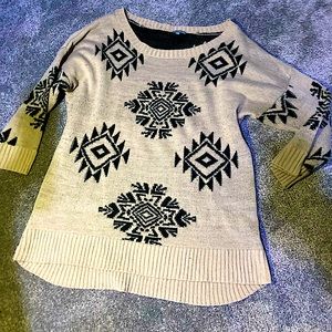 Charlotte Rosse 3/4 length sweater,tan with black designs on it, size large.